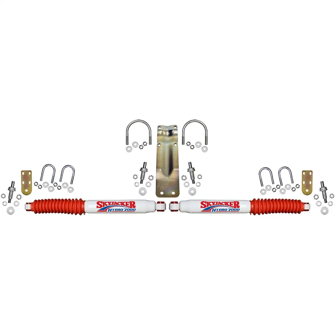 7220 – SKYJACKER Steering Stabilizer, Dual White Stabilizers With Mounting Brackets/ Red Boots/ Installation Hardware...